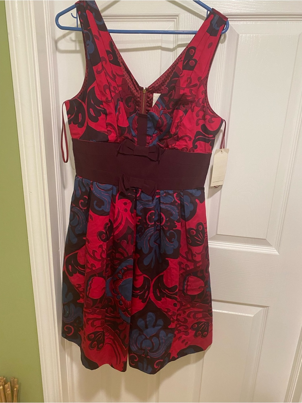 leifsdottir Red & Navy Floral Fit-and-Flare Midi Dress with Bow Waistband